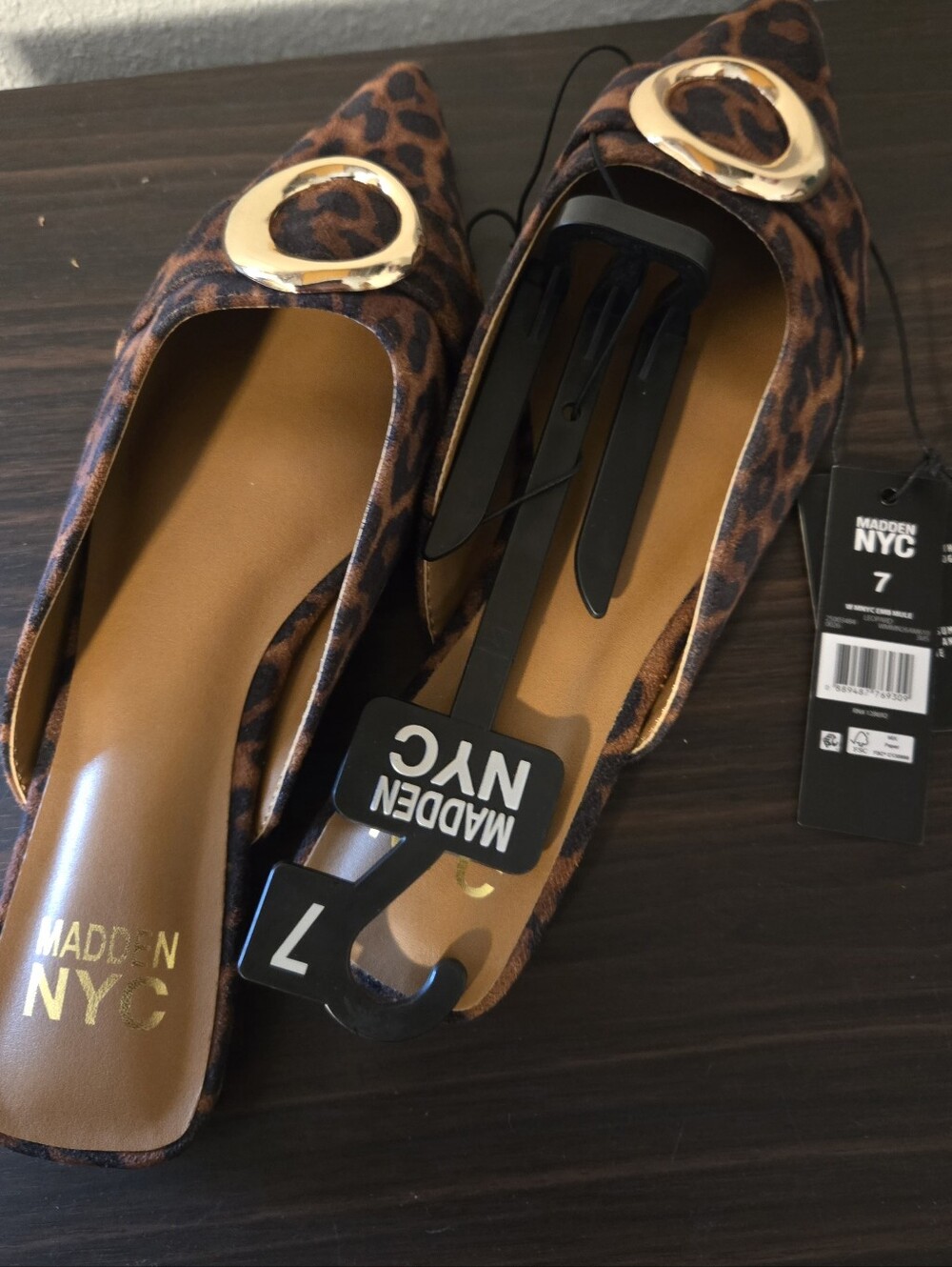 Women's Leopard Print Pointed Flats with Gold Accent - Brown